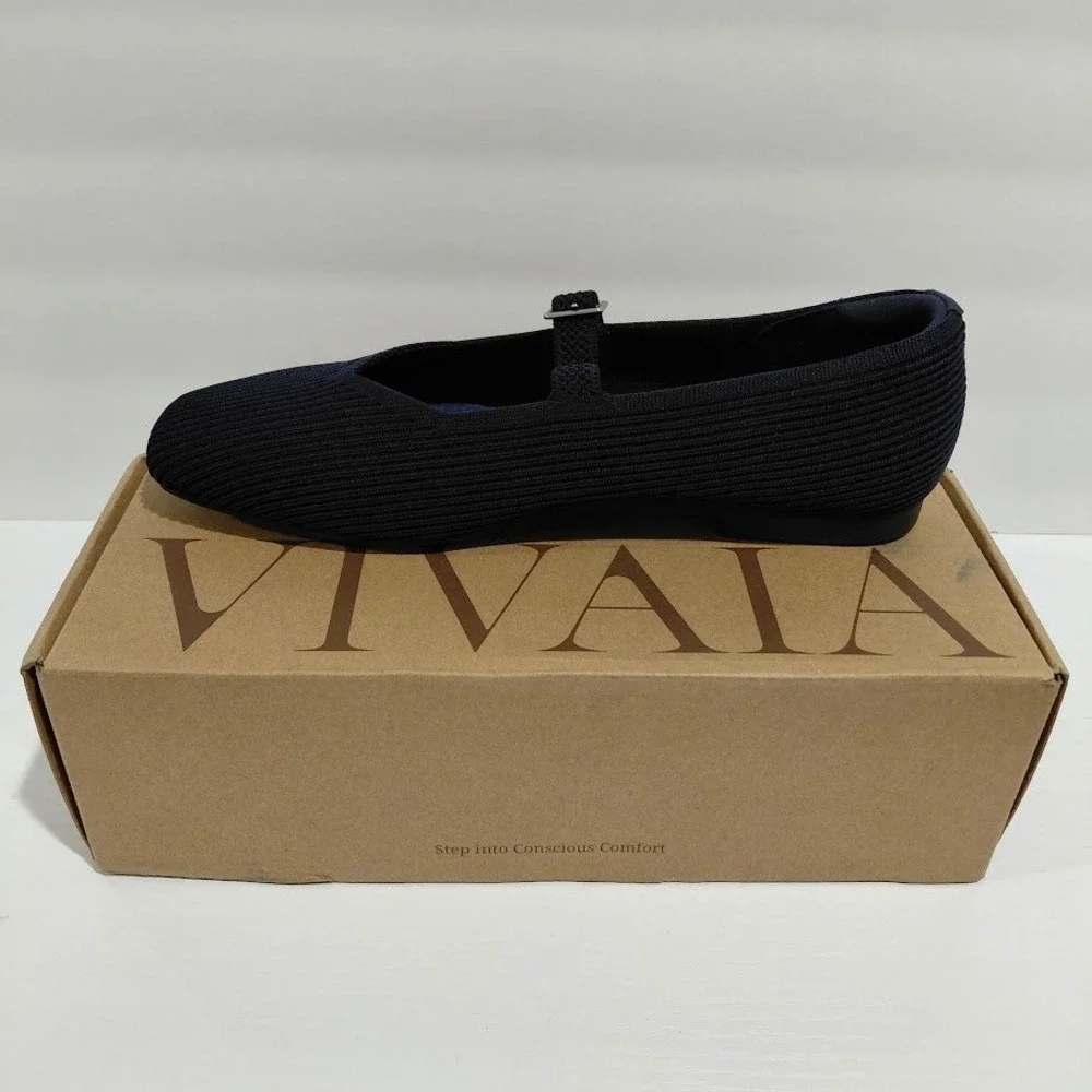 Vivaia Margot Mary Jane Flats Navy Blue Ribbed Knit Square Toe Sustainable 39.5 - Picture 5 of 13